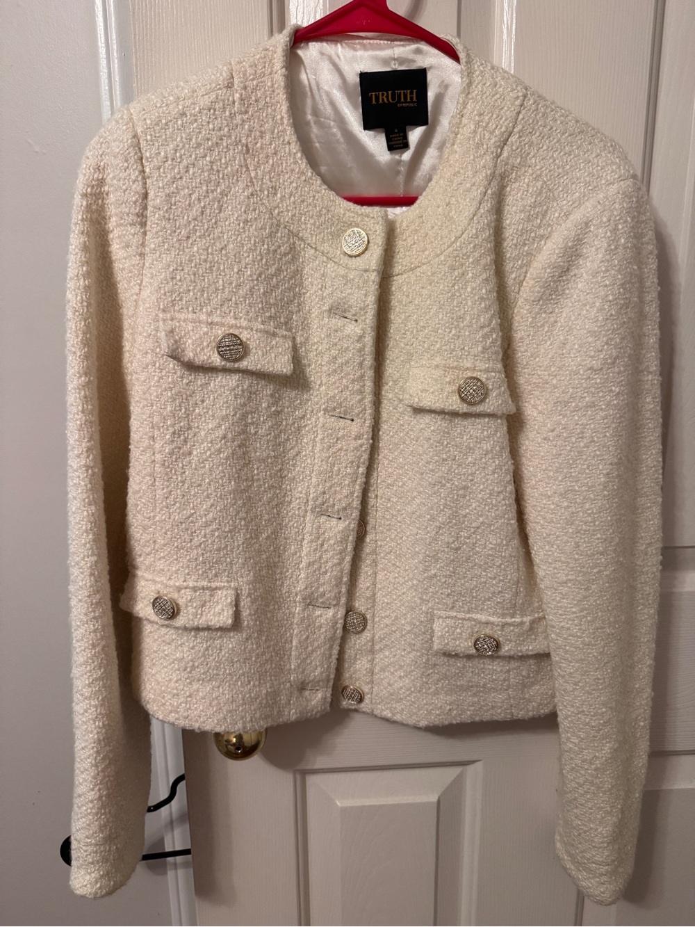 Truth Cream Bouclé Tweed Textured Jacket with Decorative Buttons